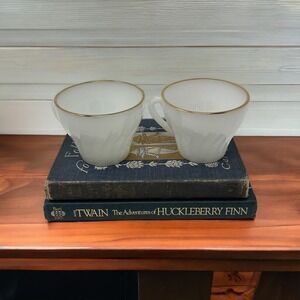Vintage Fire King Anchor Hocking Coffee Tea Cup White with Gold Rim Set of Two